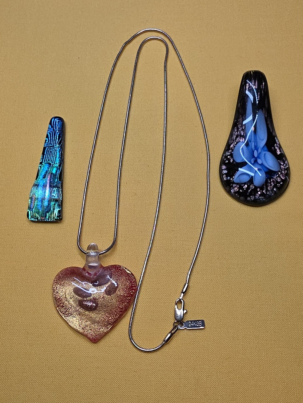 Vintage Murano Style Art Glass Pendant Necklace Set 24K GB Snake Chain ▪︎ 3pcs